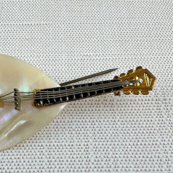 Vintage 1940s Mother of Pearl Balalaika Guitar Brooch Signed W Germany 1 3/4" - Picture 3 of 5